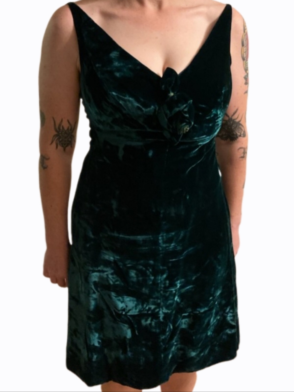 Vintage Medium Emerald Green Velvet Double V-Neck Midi Dress Cocktail Formal